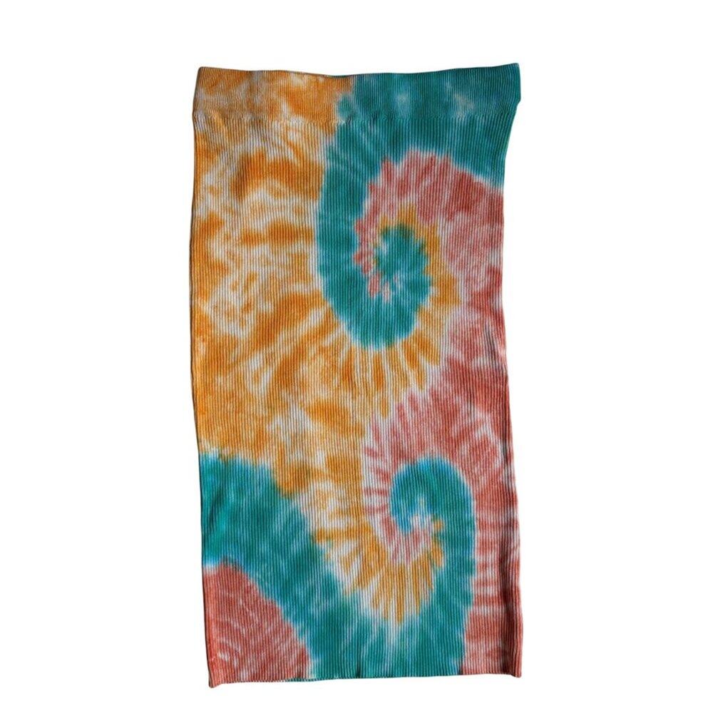 Jolie & Joy Tie-Dye Mid-Length Ribbed Skirt (Yellow / Teal / Peach) - 2X